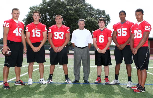 Head coach Gary Joseph (center) has a solid foundation of players that return from last year's state championship team, including (left to right) Jake Blomstrom, Kiley Huddleston, Cody Gessler, Tanner Ebrecht, Tim Wilkerson, Rodney Anderson.
