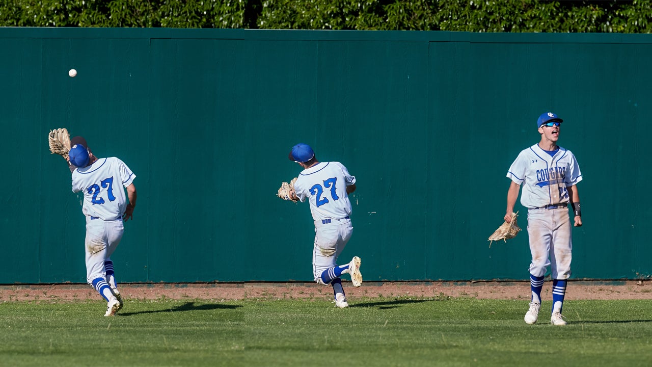 The three-photo series shows Capital Christian center fielder Brett Graber making his game-saving snag in the Cougars' Sac-Joaquin Division IV playoff win.