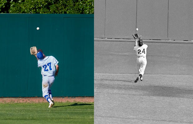 Capital Christian's Brett Graber's game-saving catch next to a video image of Willie Mays' famous World Series moment known as "The Catch."