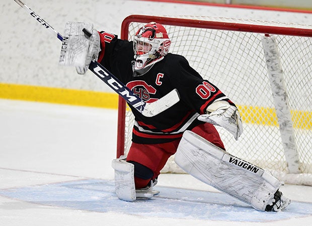 Cheshire (Conn.) goalie Nicholas Maringola makes a save during a CIAC Division 2 first-round playoff game.
