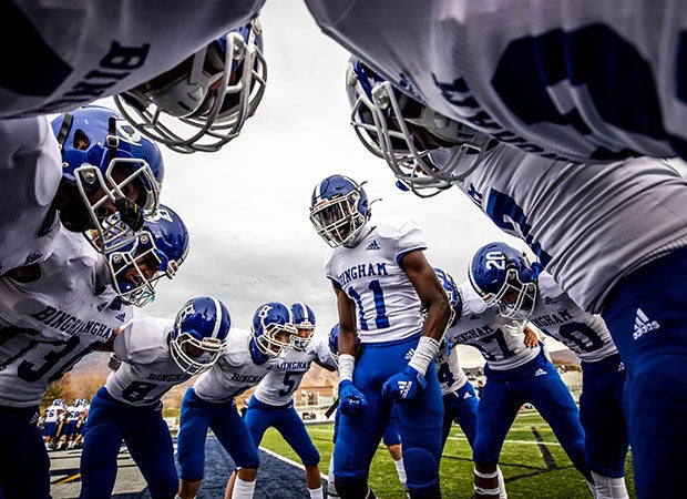 Will Hamilton of Bingham (Utah) fires up his teammates before their UHSAA 6A quarterfinal playoff game against Corner Canyon.