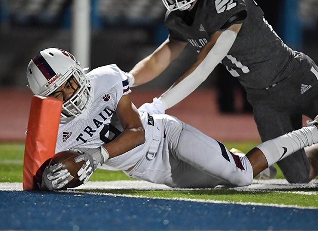 Cherokee Trail (Colo.) running back Kaelen Bing reaches for the pylon against Valor Christian in the opening round of the CHSAA 5A state playoffs.