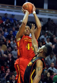 James McAdoo, looking very much like
his uncle Bob, scored a game-high 17
points and was named co-MVP.