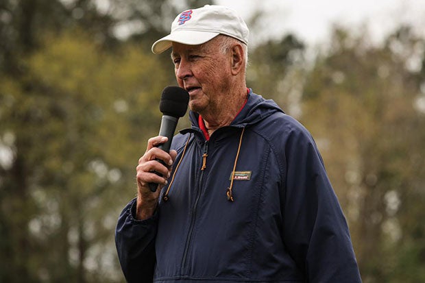 Jim Tate speaks at the inaugural Jim Tate Relays earlier this year.