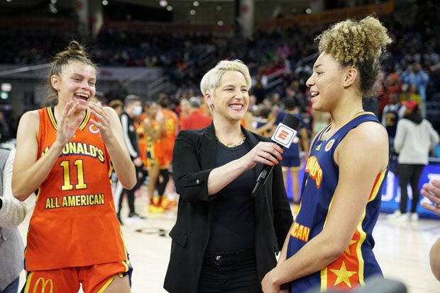 Future Kiki Rice (right) and Gabriela Jaquez enjoy a post-game interview after winning MVP awards Tuesday in Chicago.