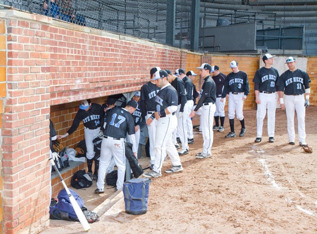 Players from Rye Neck High check out their dugout for the day.