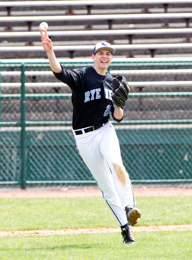 The Rye Neck third baseman lets loose with a throw.