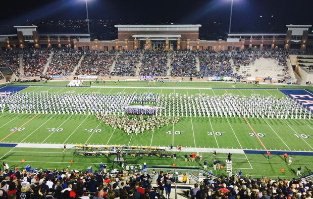 The full Allen Escadrille (band) and spirit squad at halftime of last Friday's game. 