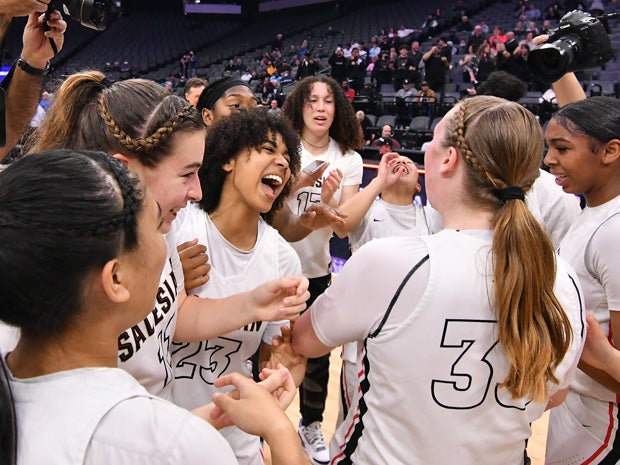 Salesian celebrates its first state girls basketball title. 
