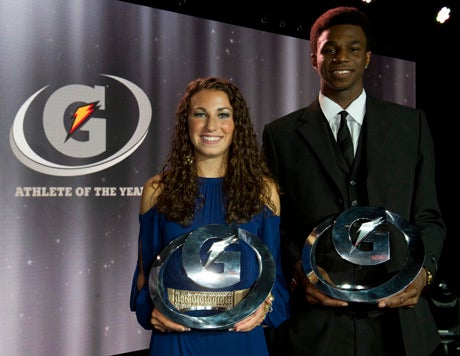 Morgan Andrews (left) and Andrew Wiggins were selected the Gatorade Athletes of the Year at a banquet in Hollywood on Tuesday. 