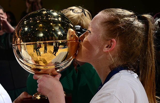 Lindsay Halpin of Irvington (N.Y.) kisses the trophy following her team's victory in the NYSPHSAA Section 1 Class B title game.