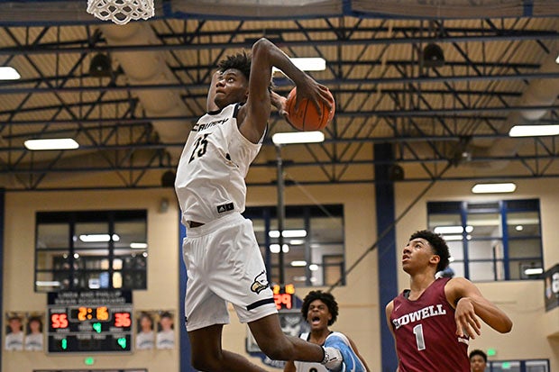 Taylor Hendricks rises for a dunk in Calvary Christian Academy's 19-point win over Sidwell Friends.