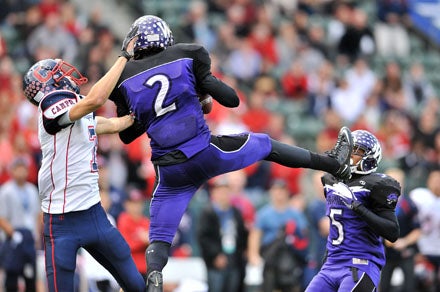 Washington Union's Deontay Greenberry came down with this reception, but the Notre Dame-bound receiver was held in check most of the day.