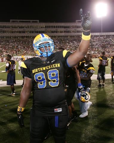 Marcus Forston, now at Miami, celebrates NW's win over SLC.