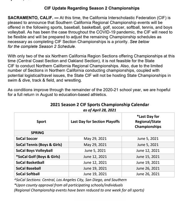 CIF's announcement and schedule released Wednesday about Southern and Northern California playoffs. 