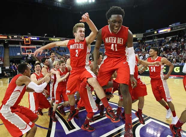 Mater Dei, led by Stanley Johnson (41), look for its fourth straight victory celebration in California's highest division. 