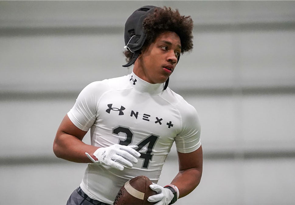 Andrew Beard of Prince Avenue Christian rushed for 189 yards and a touchdown on 21 carries in a 35-28 win over West Forsyth on Thursday. The nephew of All-Pro running back Garrison Hearst is a four-star in the Class of 2027. (Photo: Jordan Scruggs/247Sports)