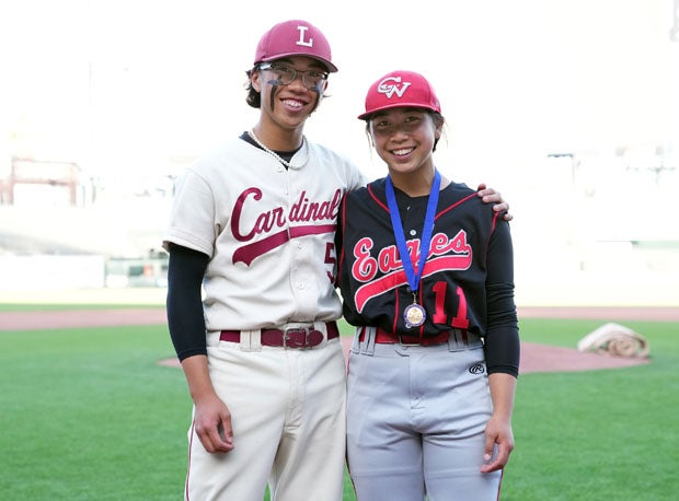Lowell's Roman Fong (left) and twin sister Isabella Fong, of Washington, pose following the Eagles' 6-1 win in the San Francisco Section title game Tuesday at Oracle Park. 