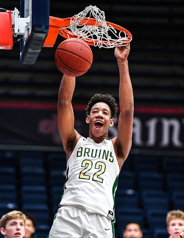Dishon Jackson of St. Patrick-St. Vincent (Calif.) finishes a dunk against Campolindo in the MaxPreps MLK Classic at St. Mary's College in Moraga.