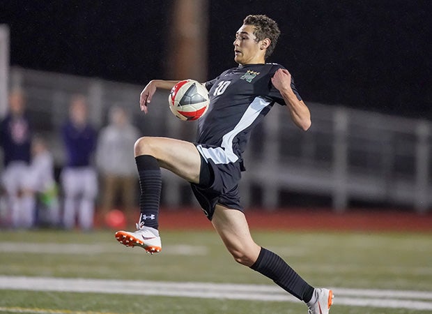 Charlie McIntyre of Miramonte (Calif.) balances the ball against Campolindo.