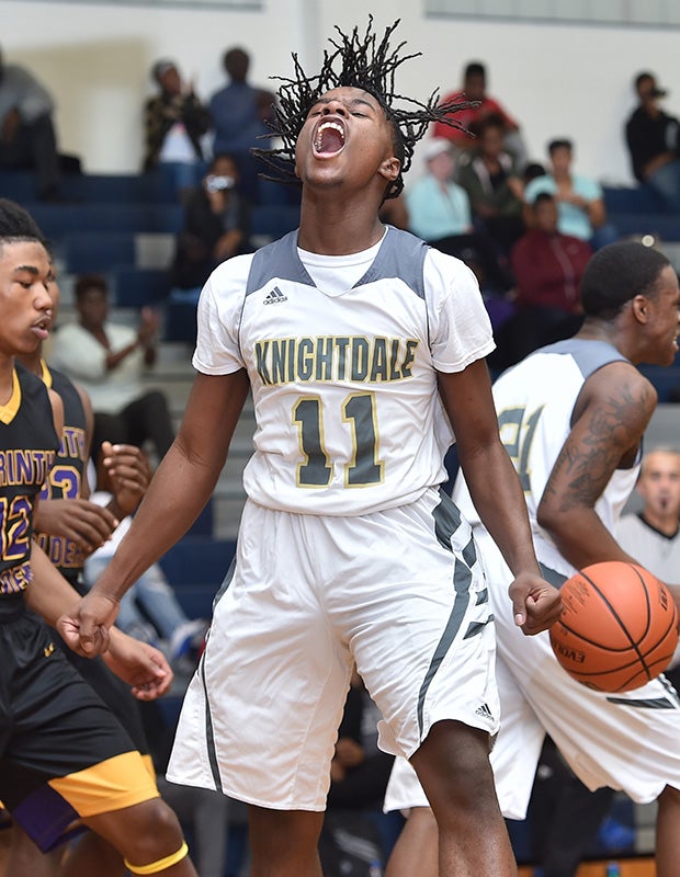 Guard Rodney Ellis of Knightdale (N.C.) reacts after a basket against Corinth Holders.