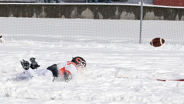 You can see how thick the snow is at the Port Allegany vs. Clarion Area game in Pennsylvania.