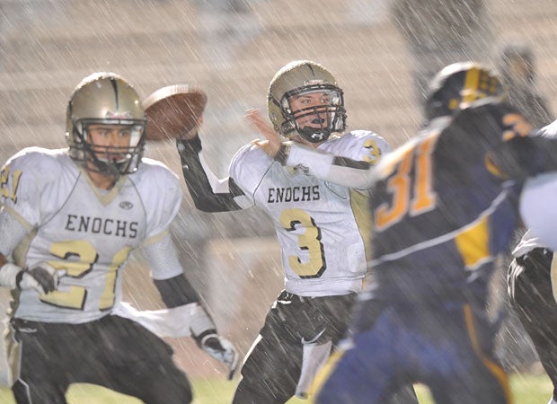 Rain poured down at the Enochs vs. Oak Ridge game in California.