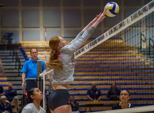 USC commit Addison Coady skies for a block in Mater Dei's sweep of Rocklin on Saturday for the Open Division title. (PHOTO: Diane Torrence)