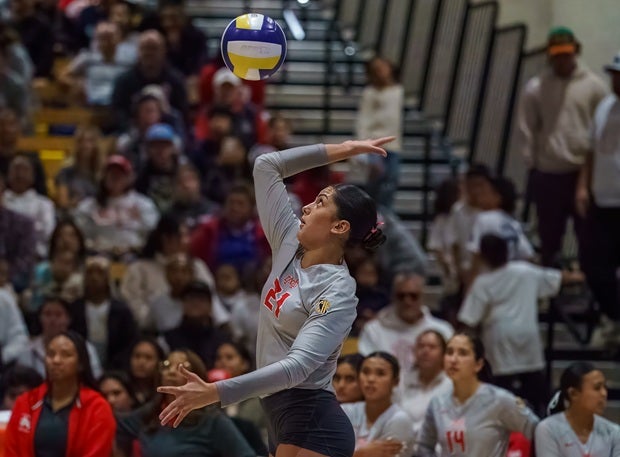 USC commit Layli Ostovar led Mater Dei with 15 kills, including the match-winning spike to give the Monarchs the Open Division crown. (PHOTO: Diane Torrence)