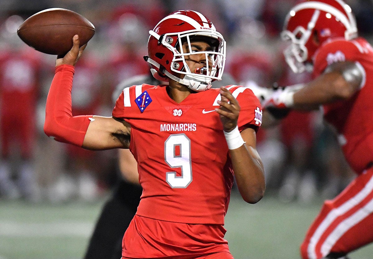 Bryce Young of Mater Dei was drafted first overall by the Carolina Panthers during the 2023 NFL Draft on Thursday. Young joins Kyler Murray as past MaxPreps National Football Player of the Year award winners to become first overall pick. (Photo: Louis Lopez)