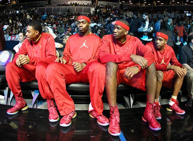 Joel Embiid (second from right) rose from obscurity to earn a spot in the 2013 Jordan Brand Classic. Ironically, it was the arrival of Dakari Johnson (second from left) at Montverde Academy in Florida that helped push Embiid to The Rock, where he blew up as a senior.