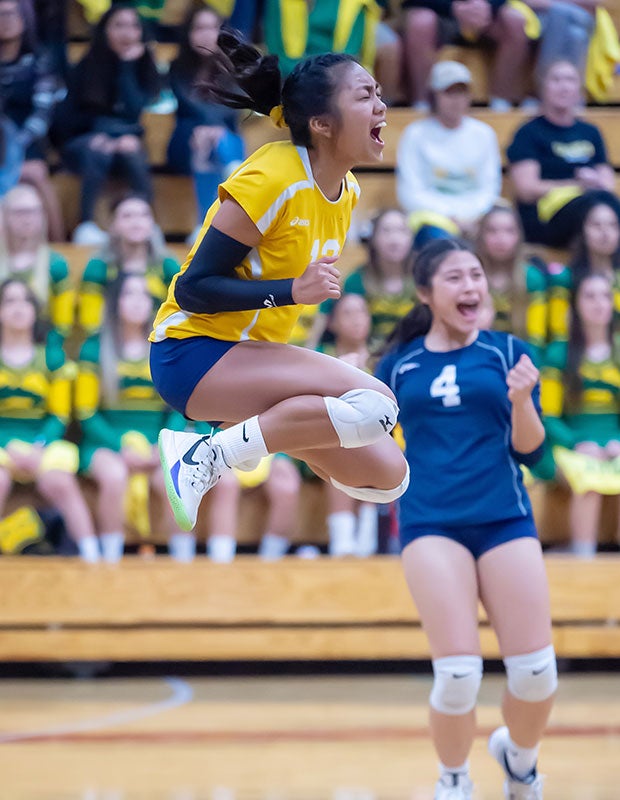 Devri Lagdamen of Holtville (CA) celebrates during a match against High Tech CV in the CIF San Diego Section Division 4 championships.