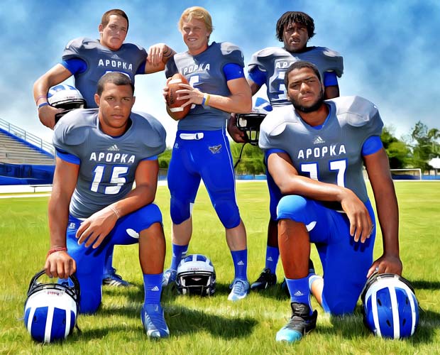 Apopka is the preseason favorite to repeat as the Florida Class 8A state champion. Leading the way in that quest are players (counterclockwise from bottom left) Isaiah Beuhler, Chandler Cox, Zach Darlington, Martez Ivey and Anthony Ellis.