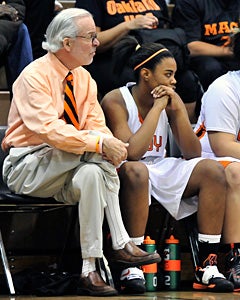 McClymonds coach Dennis Flannery
is usually quiet and quite 
subdued on the bench, opposed 
from his outgoing personality.