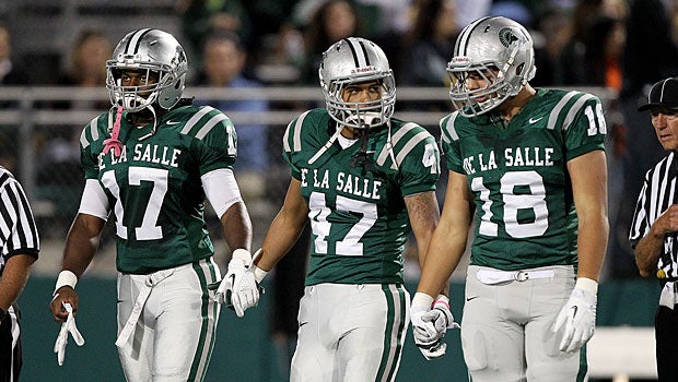 Led by Michael Hutchings (17), De La Salle's defense did not allow a touchdown against Monte Vista.