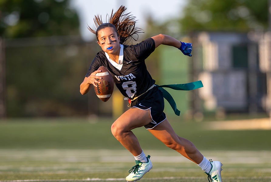 Mountain Vista quarterback Ariana Akey, a two-time Colorado Flag Football Player of the Year, committed to Nebraska last week, becoming one of the first power conference commits in the country. (PHOTO: Tim Bourke)
