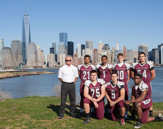 With the New York City skyline in the background, several St. Peter's Prep top players pose along with head coach Rich Hansen. Those players are (first row left to right) Harley Montiero, Cheyenn Robertson and Brandon Wimbush; (second row) Minkah Fitzpatrick, D'won Walker, Kolton Huber and Dave Tolentino.