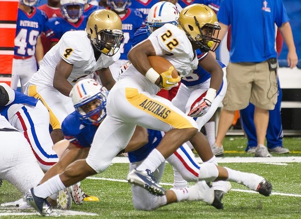 Aquinas running back Madre London had two touchdown runs in his team's 27-13 victory over Curtis on Friday night at the Superdome in New Orleans.