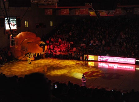 Introductions at Mater Dei are NBA-quality, complete with inflatable lion head, spotlights and video board.