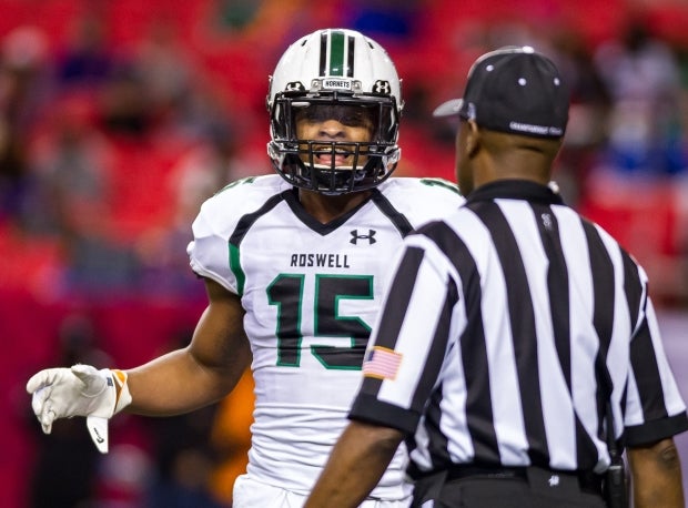 Xavier McKinney chats with an official during Georgia's AAAAAAA state championship game.