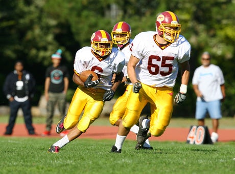 It takes a village to raise a child and a breakaway back as well. Williams thanks all his teammates, including offensive lineman Justin Lee (65) who leads the way on this particular run earlier this season against Mission.