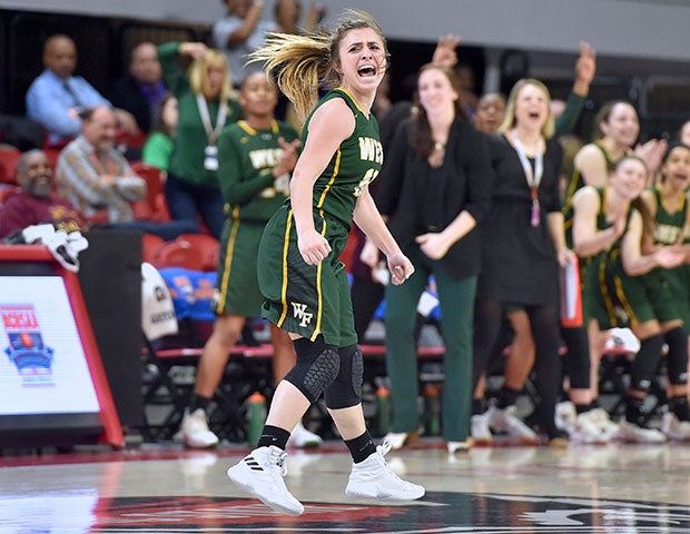 Callie Scheier of West Forsyth (N.C.) reacts to a made 3-pointer during the NCHSAA 4A state title game at Reynolds Coliseum.