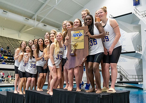 Ronald Reagan was the President of the United States and a gallon of gas cost 86 cents the last time Carmel girls swimming didn't win a state title in 1986. (PHOTO: Julie Brown)