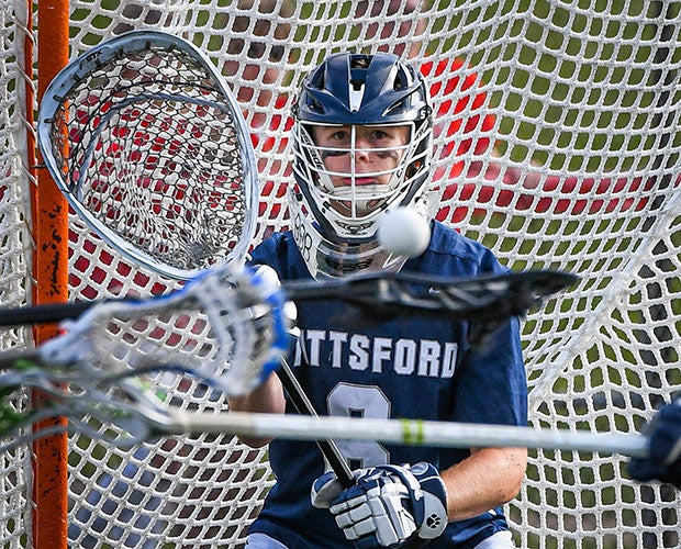 Pittsford (N.Y.) goalie James Cook eyes an incoming shot during the NYSPHSAA Section V Class A boys lacrosse championship game.
