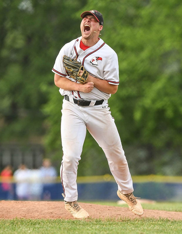 Penfield (N.Y.) pitcher Gage Ziehl celebrates recording the final out in the NYSPHSAA Section V Class AA championship game. Ziehl allowed one hit and struck out 12 in the complete-game victory.