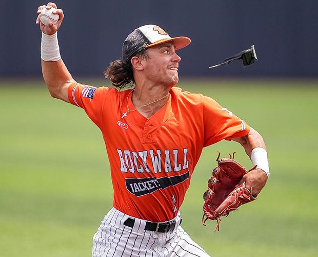Rockwall (Texas) third baseman Andrew Tellia loses his glasses while making a throw to first.