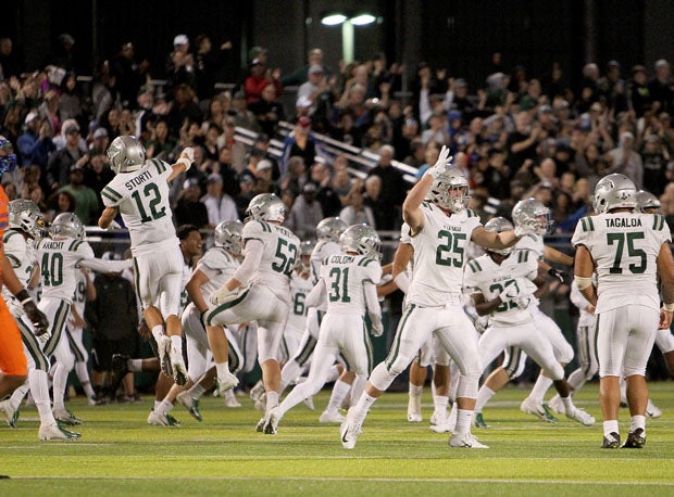 De La Salle celebrates following the final tick of the clock in an emotional 27-21 home win over Bishop Gorman. 