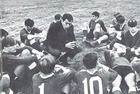 George Todt was only 21 when he accepted the boys soccer coaching position at Archbishop Ryan. Here he was shown at one of his first practices. He retired last week after 44 seasons and a state record 642 victories. 