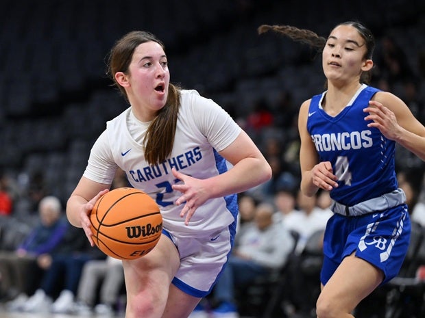 Emmi Almeida led Caruthers to its second straight state title, scoring 21 points along with 10 rebounds in the 56-37 win over Rancho Bernardo on Saturday. (PHOTO: David Steutel)
