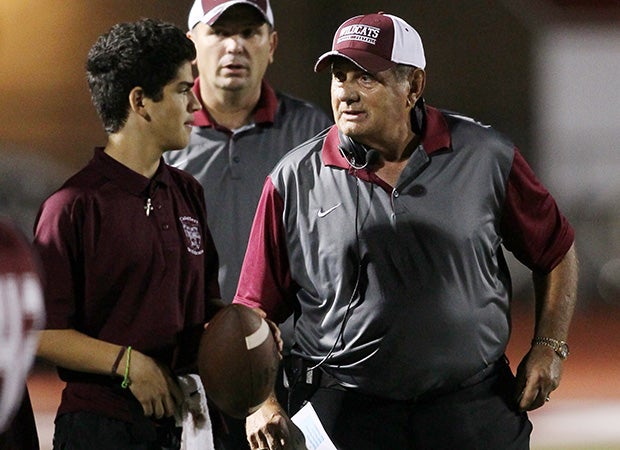 Calallen head coach Phil Danaher being set up for a Gatorade bath Thursday night in a 31-7 win over Flour Bluff.